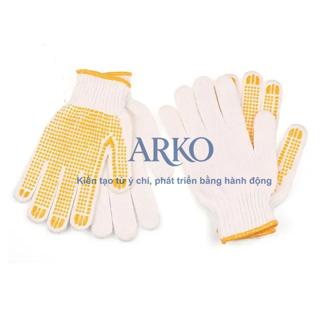 Găng tay 45g chấm hạt PVC là loại găng được dệt từ sợi len hoặc sợi cotton pha poly